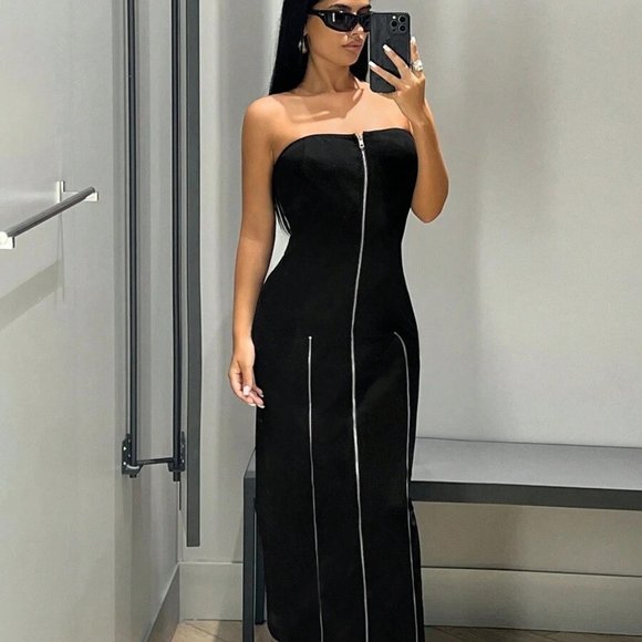Sexy Black  Zip Up Split Thigh Tube Dress - Picture 3 of 4